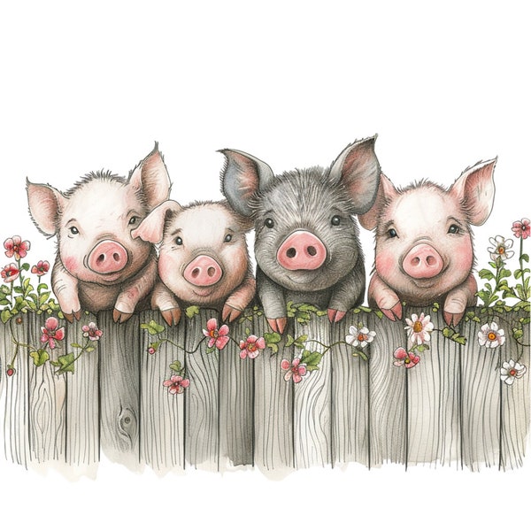 Süße Schweine auf einem Bauernhof-Zaun-Clipart-Bundle, 15 hochwertige JPG, Bastelkunst, Kartenherstellung, ClipArt, digitales Papierhandwerk, Scrapbooking