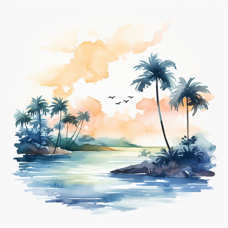 Palm Tree Ocean Art Clipart Bundle, 14 Highquality JPG, Nursery Art