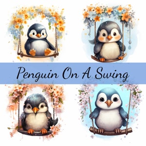 Paquete de 12 imágenes prediseñadas de pingüinos en columpio con flores de primavera, JPG de alta calidad, manualidades, creación de tarjetas, imágenes prediseñadas, manualidades con papel digital, álbumes de recortes