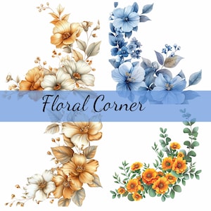 16 bloemen bloem blauw oranje hoeken clipartbundel, hoogwaardige JPG, ambachtelijke kunst, kaarten maken, illustraties, digitale papierkunst, scrapbooking