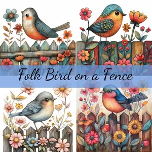 15 Folk Art Bird on a Fence w Flowers Clipart Bundle, JPG de alta qualidade, arte artesanal, criação de cartões, clip art, artesanato em papel digital, scrapbooking
