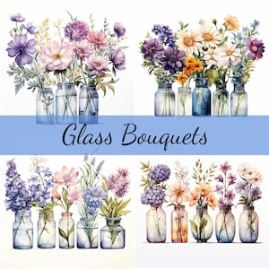 15 boeket bloemen in glazen flessen Clipartbundel, hoogwaardige JPG, ambachtelijke kunst, kaarten maken, illustraties, digitale papierkunst, scrapbooking