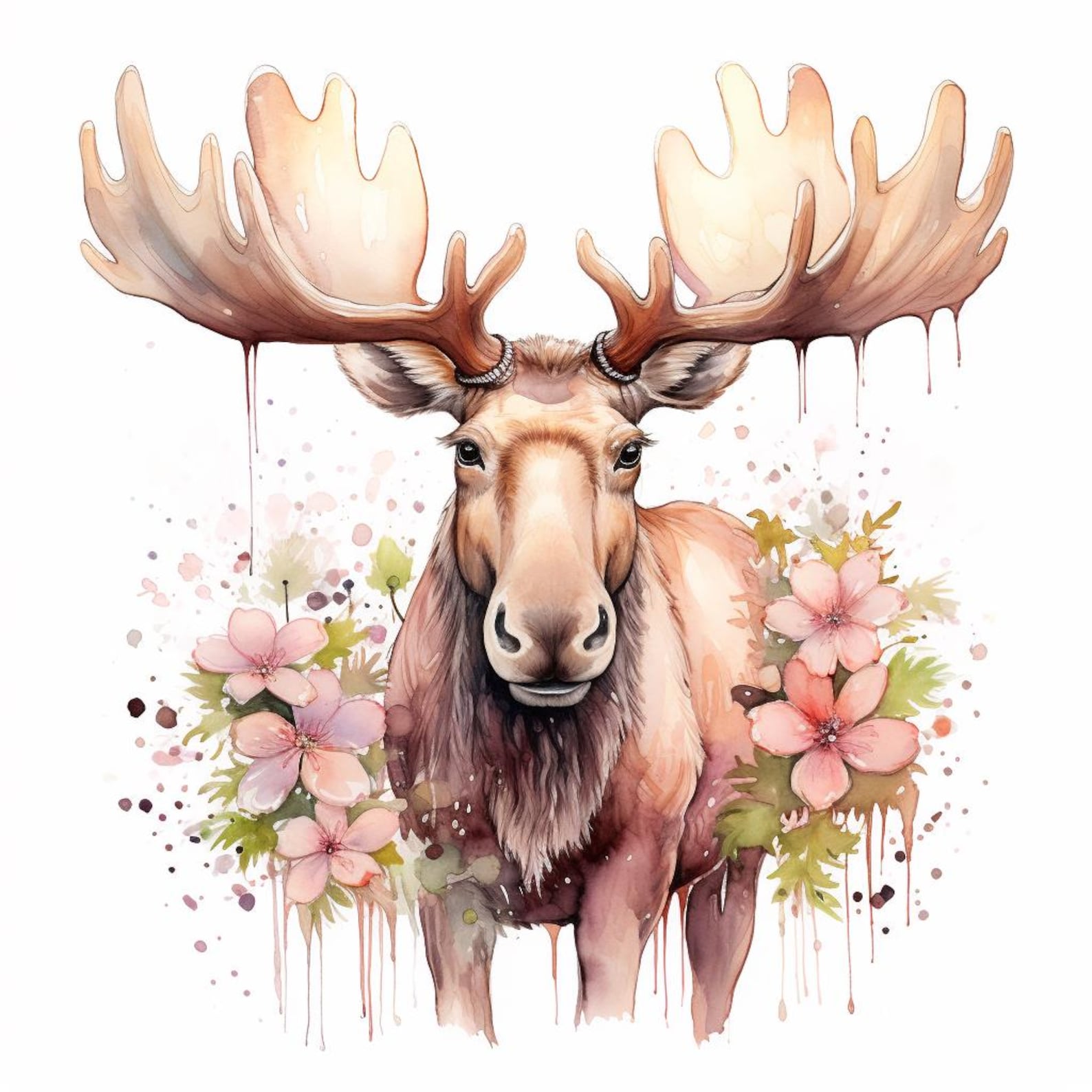 12 Cute Moose W Flowers Clipart Bundle, High-quality JPG, Nursery Art ...