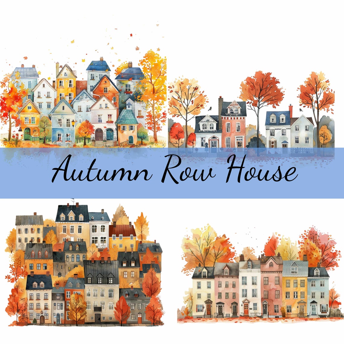 16 Row House in the Fall Clipart Bundle, 16 High-quality JPG, Craft Art ...
