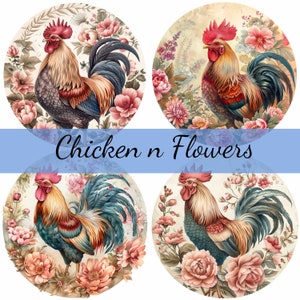 Paquete de 16 imágenes prediseñadas circulares de gallos y gallinas vintage, JPG de alta calidad, arte artesanal, tarjetas, imágenes prediseñadas, manualidades de papel digitales, álbumes de recortes