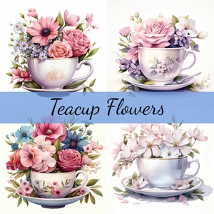 16 Mazzi di fiori da tazza da tè, Clipart di tazze da tè, JPG di alta qualità, Artigianato artistico, Creazione di biglietti, Clip art, Artigianato di carta digitale, Scrapbooking