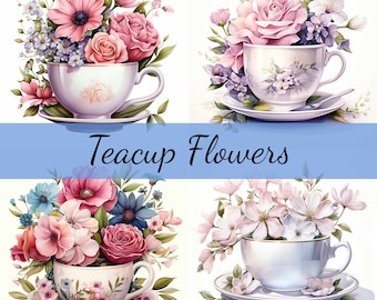 Paquete de 16 ramos de flores en forma de taza de té, imágenes prediseñadas en formato JPG de alta calidad, manualidades, creación de tarjetas, imágenes prediseñadas, manualidades con papel digital, álbumes de recortes