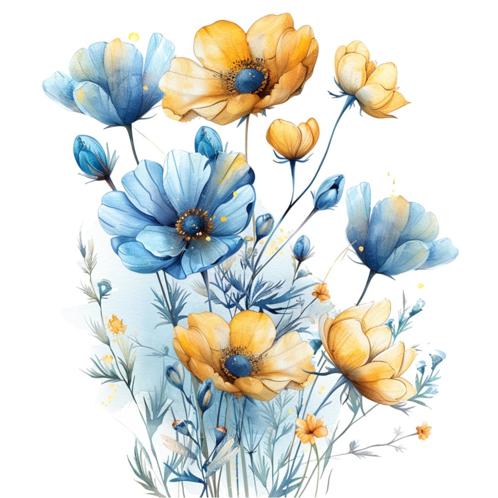 Abstract Blue and Yellow Flowers Clipart Bundle, 16 High-quality JPG ...