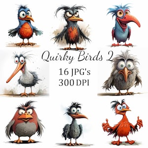 16 Quirky Funny Birds 2 Clipart Bundle, JPG, Card Making, Clip Art, Digital Paper Craft, Scrapbooking, Wall Art, Nursery Art, Cartoon