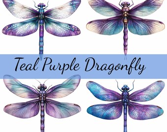 15 Purple Teal Blue Dragonfly Clipart Bundle, 15 High-Quality JPG, Craft Art, Card Making, Clip Art, Digital Paper Craft, Scrapbooking, Folk
