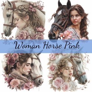 Paquete de 15 imágenes prediseñadas de mujer con caballo y flores rosas, JPG de alta calidad, manualidades, fabricación de tarjetas, imágenes prediseñadas, manualidades con papel digital, álbumes de recortes