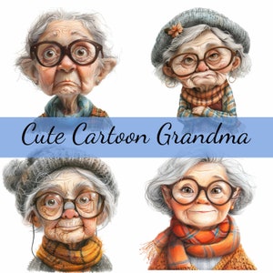 Lot de 16 cliparts grand-mère mignons, 16 fichiers JPG de haute qualité, création artistique, fabrication de cartes, clipart, créations numériques sur papier, scrapbooking