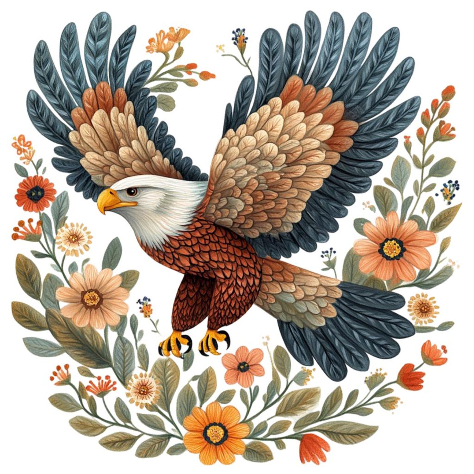 Folk Art Eagle in Flowers Clipart Bundle, 12 Transparent PNG Download ...