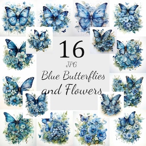 Bundle de cliparts 16 papillons bleus avec fleurs, 16 fichiers JPG de haute qualité, oeuvre d'art pour chambre d'enfant, fabrication de cartes, clipart papier numérique artisanat art papillon