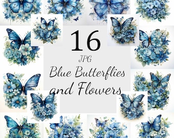 16 Blue Butterflies With Flowers Clipart Bundle, 16 High-Quality JPGs , Nursery Art, Card Making, Clip Art Digital Paper Craft Butterfly Art