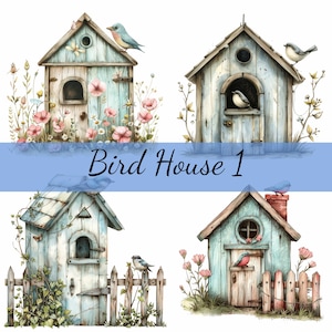 Lot de 16 cliparts maison d'oiseau avec fleurs, 16 fichiers JPG de haute qualité, création artistique, fabrication de cartes, clipart, créations numériques sur papier, scrapbooking