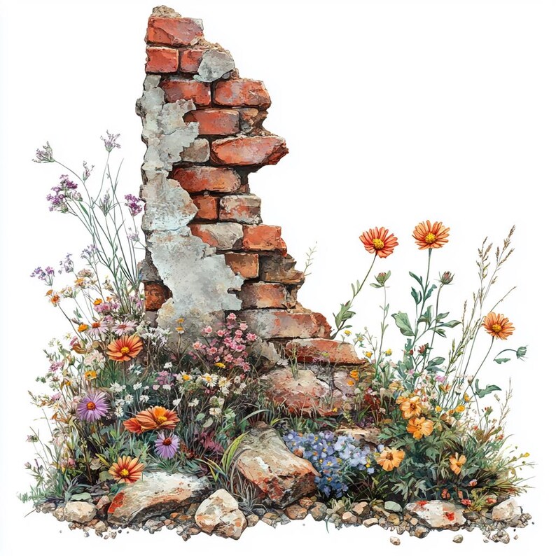 Folk Art Crumbling Brick Wall Clipart Bundle 12 Transparent PNG