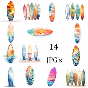 Könnte beinhalten: Eine Sammlung von 14 Aquarellgemälden von Surfbrettern mit verschiedenen bunten Designs. Die Surfbretter sind in einem realistischen Stil gemalt und zeigen eine Vielzahl von Mustern, darunter florale, geometrische und abstrakte Designs. Die Gemälde sind alle vor einem weißen Hintergrund angeordnet.
