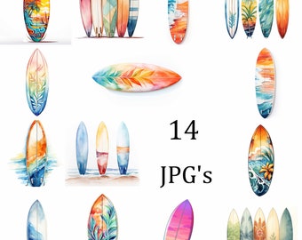 May include: A collection of 14 watercolour paintings of surfboards with various colourful designs. The surfboards are painted in a realistic style and feature a variety of patterns, including floral, geometric, and abstract designs. The paintings are all set against a white background.