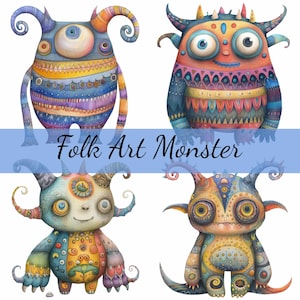 Lot de 16 cliparts monstre d'art populaire, 16 fichiers JPG de haute qualité, création artistique, fabrication de cartes, clipart, créations numériques sur papier, scrapbooking