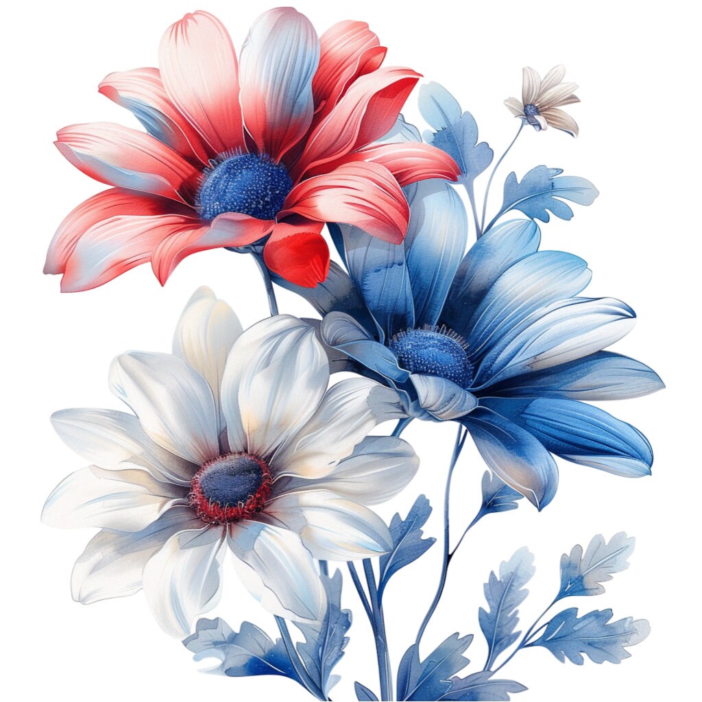 Red White Blue Daisy Flowers Clipart Bundle, 16 High-quality JPG, Craft ...
