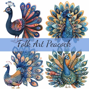 Lot de 15 cliparts paon d'art populaire, 15 fichiers JPG de haute qualité, création artistique, fabrication de cartes, clipart, créations numériques sur papier, scrapbooking