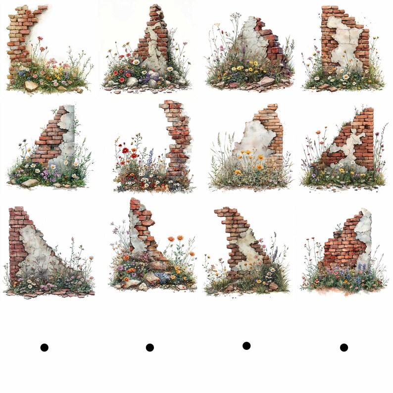 Folk Art Crumbling Brick Wall Clipart Bundle 12 Transparent PNG