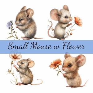 Lot de 12 petites souris avec une fleur, 12 images JPG de haute qualité, créations artisanales, fabrication de cartes, clipart, créations numériques sur papier, scrapbooking
