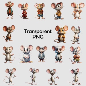 Paquete de 17 imágenes prediseñadas de ratones divertidos y adorables, PNG transparente, fabricación de tarjetas, imágenes prediseñadas, manualidades de papel digitales, arte de pared, arte infantil, dibujos animados