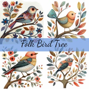 16 Folk Art Bird in a Tree Clipart Bundle, 16 JPG de alta qualidade, arte artesanal, criação de cartões, clip art, artesanato em papel digital, scrapbooking
