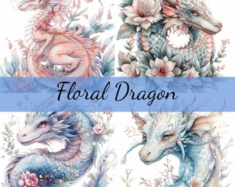 15 Floral Dragon Clipart Bundle, 15 hochwertige JPG, Craft Art, Kartenherstellung, Clip Art, Digitales Papiermodell, Scrapbooking