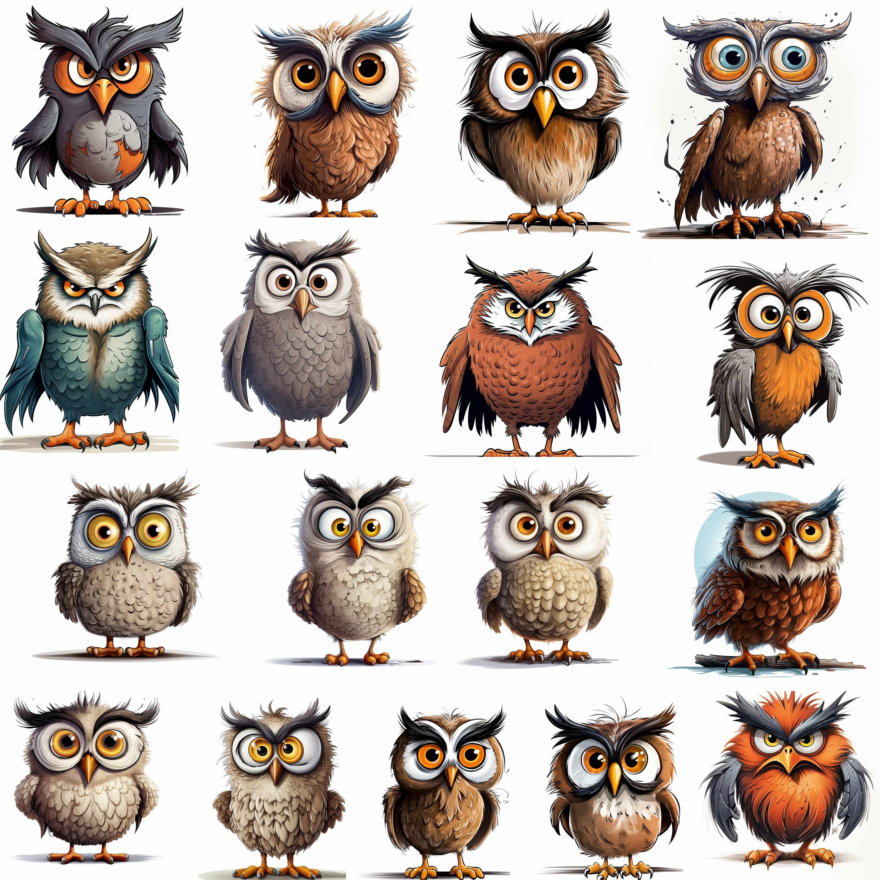 17 Quirky Funny Owls Clipart Bundle, JPG, Card Making, Clip Art