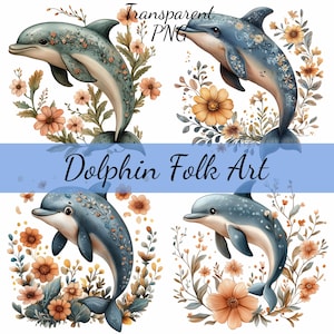 15 Delfin und Ozean Blumen Volkskunst Clipart Bundle, 15 transparente PNG Download, Kartenherstellung, Clip Art, digitale Papierfertigkeit, Scrapbooking