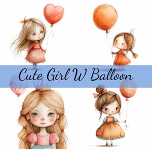 15 graziose ragazze con palloncino clipart bundle, 15 JPG di alta qualità, artigianato, creazione di biglietti, clip art, artigianato di carta digitale, scrapbooking