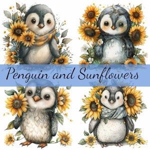 Lot de 15 cliparts pingouin avec fleurs de tournesol, 15 images JPG de haute qualité, création artistique, fabrication de cartes, clipart, créations numériques sur papier, scrapbooking