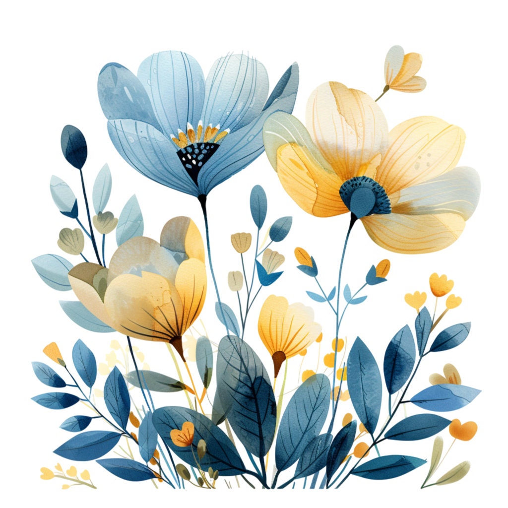 Abstract Blue and Yellow Flowers Clipart Bundle, 16 High-quality JPG ...