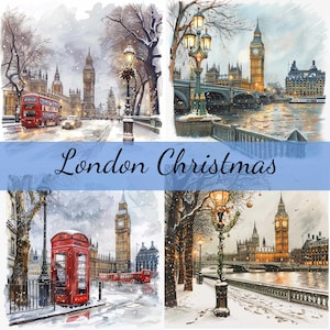 Paquete de 16 imágenes prediseñadas de Navidad en Londres, 16 imágenes en formato JPG de alta calidad, manualidades, creación de tarjetas, imágenes prediseñadas, manualidades con papel digital, álbumes de recortes