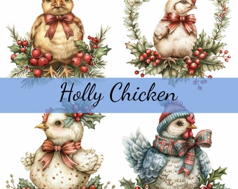 14 Chicken and Holly Christmas Clipart Bundle, 14 High-Quality JPG, Craft Art, Card Making, Clip Art, Digital Paper Craft, Scrapbooking