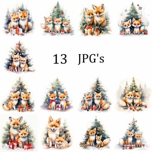 Bundle de 13 cliparts sapin de Noël Fox Friends, JPG de haute qualité, oeuvre d'art pour chambre d'enfant, fabrication de cartes, clipart, créations numériques sur papier, scrapbooking