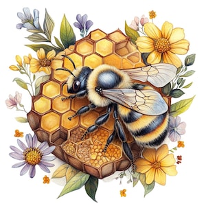 Puede incluir: Una pintura de acuarela de un abejorro en un panal con flores amarillas y moradas que lo rodean.