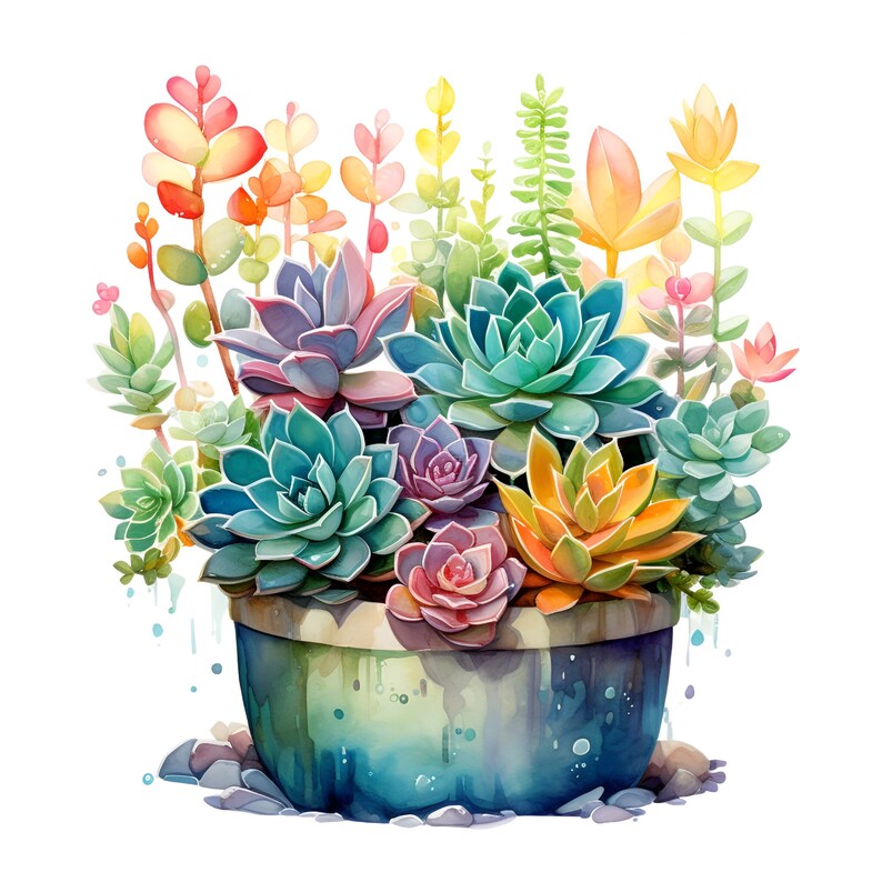 May include: A watercolor painting of a colorful succulent arrangement in a blue pot. The succulents are in shades of green, pink, yellow, and orange. The pot is decorated with blue and white paint.