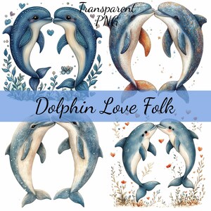 12 Folk Art Delphin Freunde lieben Blumen 12 Clipart Bundle, transparente PNG Download, Karte, Clip Art, digitales Papier Handwerk Scrapbooking