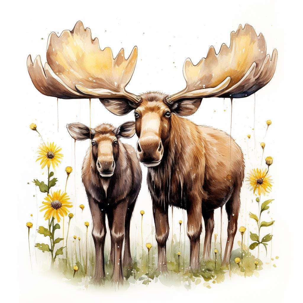 Spring Cute Moose 12 Cute Moose W Flowers Clipart Bundle, High-quality JPG, Nursery Art ...