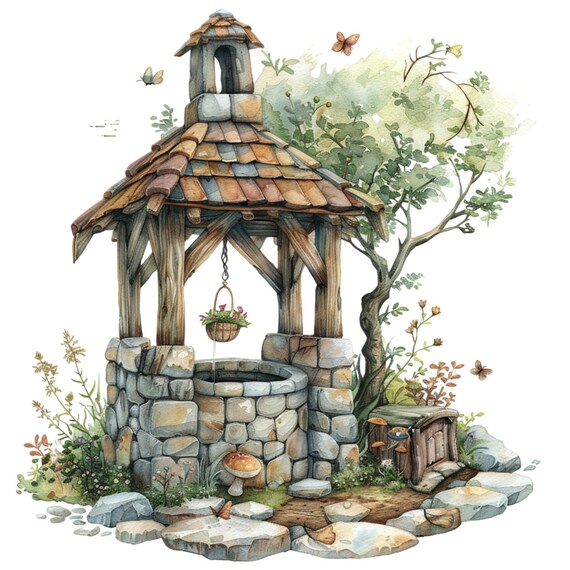 16 Wishing Well Water Well Flowers Clipart Bundle, 16 High-quality