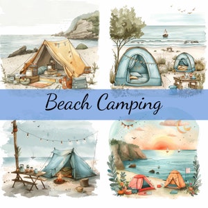 16 Clipart-bundel kamperen op het strand, 16 hoogwaardige JPG, ambachtelijke kunst, kaarten maken, illustraties, digitale papierkunst, scrapbooking