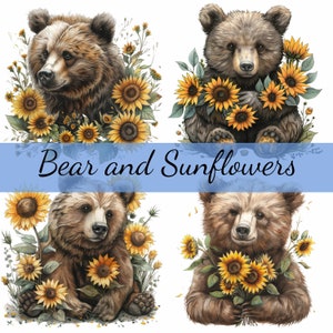 Pacote de clipart de 16 ursos pardos com girassóis, 16 JPG de alta qualidade, arte artesanal, criação de cartões, clip art, papel digital, scrapbooking