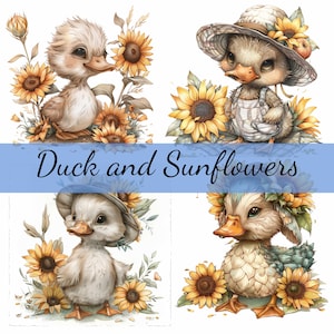 Lot de 16 cliparts canard avec tournesols, 16 images JPG de haute qualité, création artistique, fabrication de cartes, clipart, créations numériques sur papier, scrapbooking
