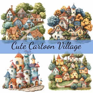 Paquete de 16 imágenes prediseñadas de casas de pueblo con dibujos animados, 16 imágenes en formato JPG de alta calidad, manualidades, creación de tarjetas, imágenes prediseñadas, manualidades con papel digital, álbumes de recortes