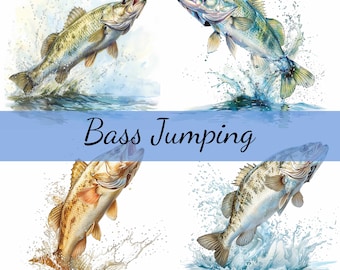 Bass Fish Jumping Out oF Water Clipart Bundle, 15 High-Quality JPG, Craft Art, Card Making, Clip Art, Digital Paper Craft, Scrapbooking