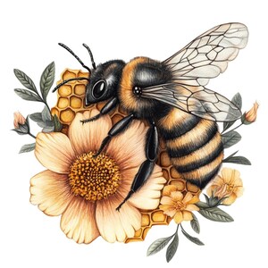 Puede incluir: Una pintura de acuarela de una abeja en un panal con una flor amarilla. La abeja es negra y amarilla con alas transparentes. La flor es de color marr&oacute;n claro con un centro amarillo.